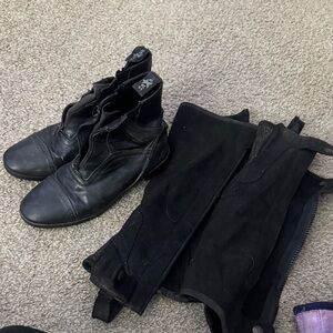 Black Leather Riding Boots with Zippered Half Chaps